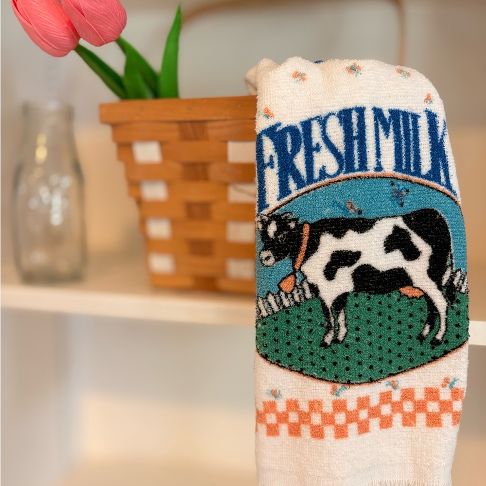 Vintage Fresh Milk Cow Kitchen Towel - Blue, Green, Orange